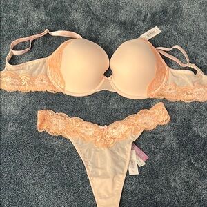 Adore Me Peach Cream Matching Push-Up Bra & Thong Panties